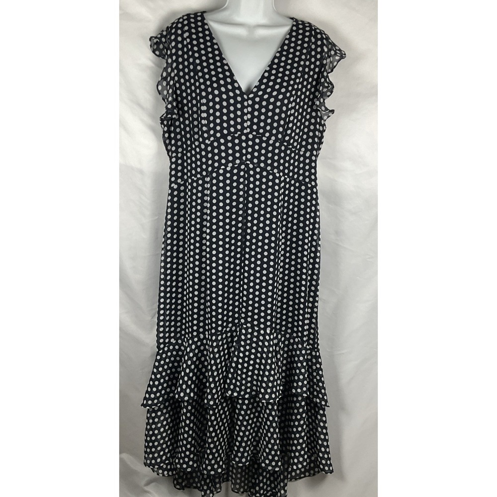 TOMMY HILFIGER Women's Size 14 Navy & White Polka Dot Chiffon‎ High Low Dress